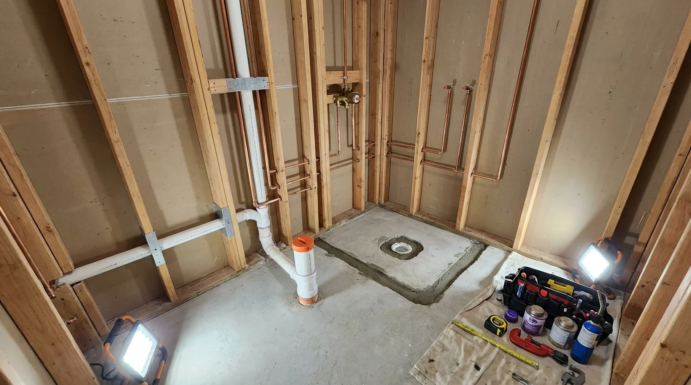 Bathroom rough-in plumbing during remodel by Johns Plumbing LLC in Evans