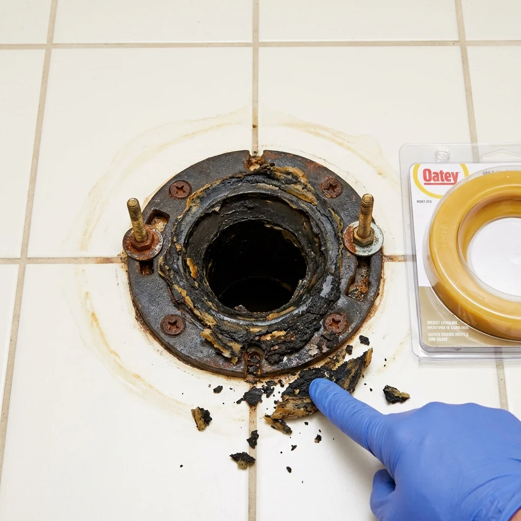 Failed wax ring showing water seepage at the base of a toilet in a Evans, GA home