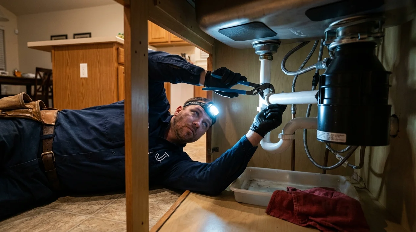 P-trap and supply line connections under a kitchen sink showing a common leak point in Evans, GA